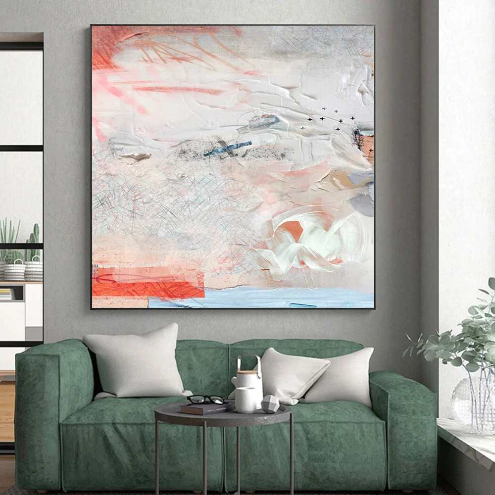 Feminine Hand-painted White Textured Pastel Abstract Canvas Wall Art 9326Z